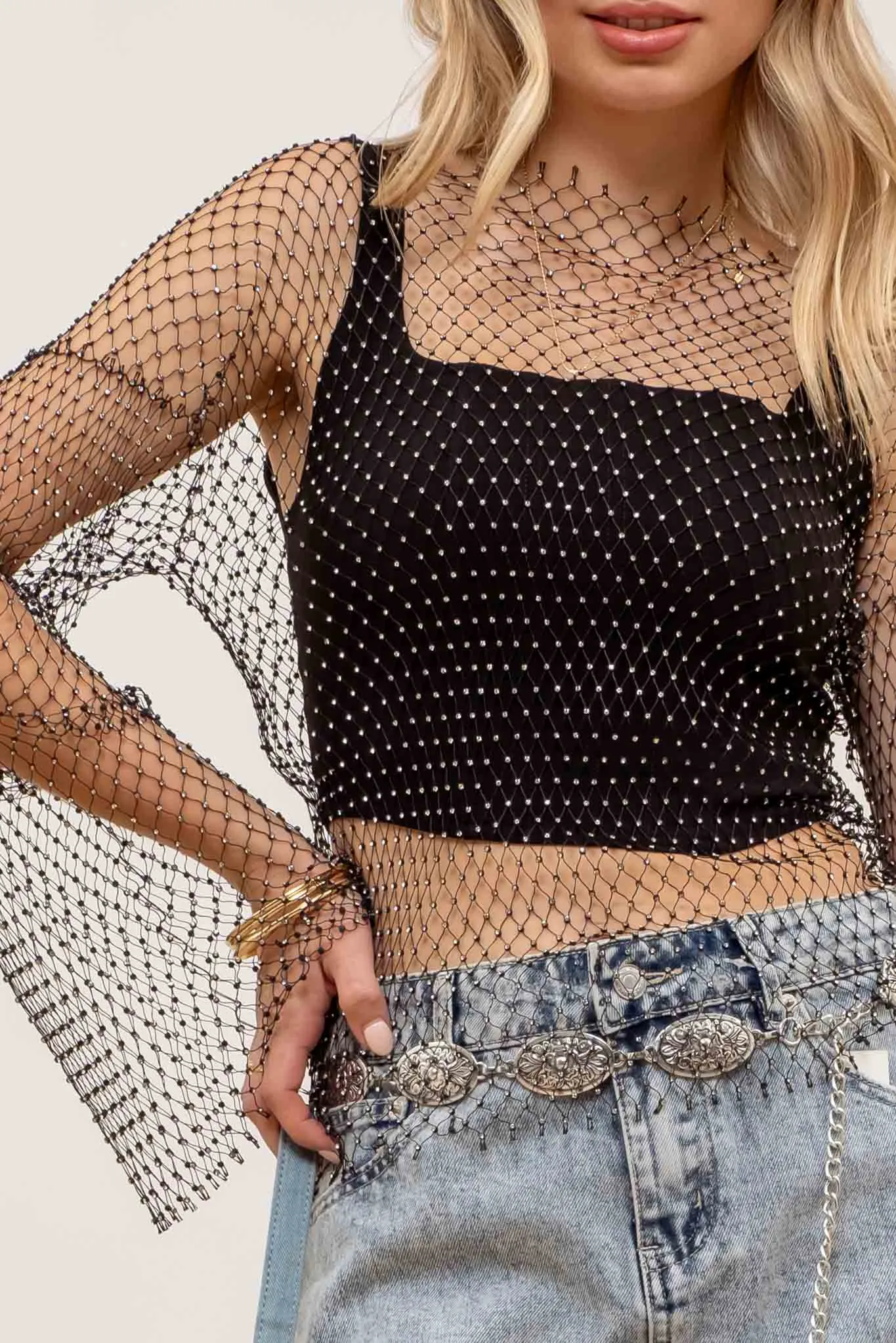 RHINESTONE SHEER KNIT LONG SLEEVE TOP sold by Blu Pepper product image thumbnail 4