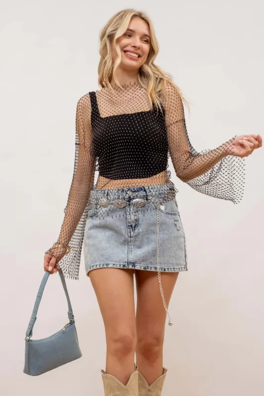 RHINESTONE SHEER KNIT LONG SLEEVE TOP sold by Blu Pepper