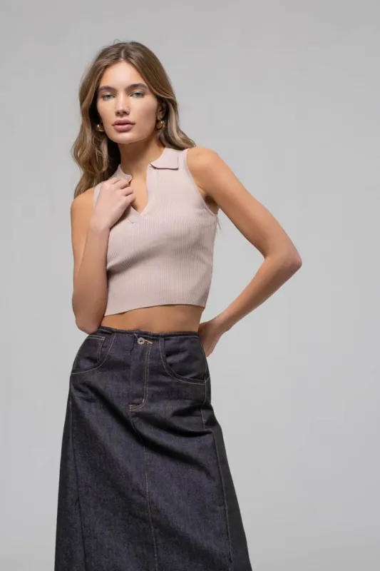 COLLARED SLEEVELESS SWEATER KNIT CROP TOP sold by Blu Pepper