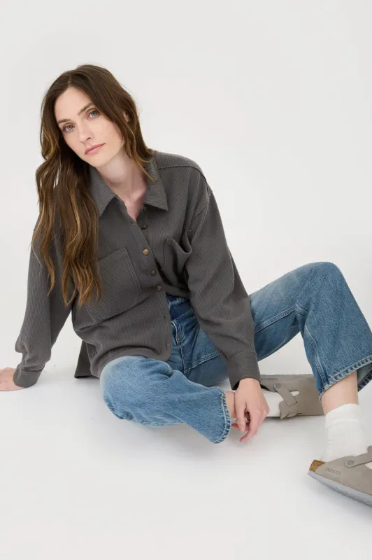 RIB KNIT EXPOSED SEAM BUTTON UP TOP sold by Blu Pepper