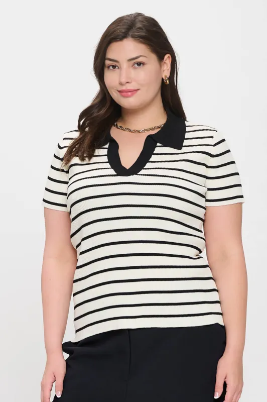 PLUS STRIPE COLLARED SHORT SLEEVE SWEATER KNIT TOP sold by Blu Pepper