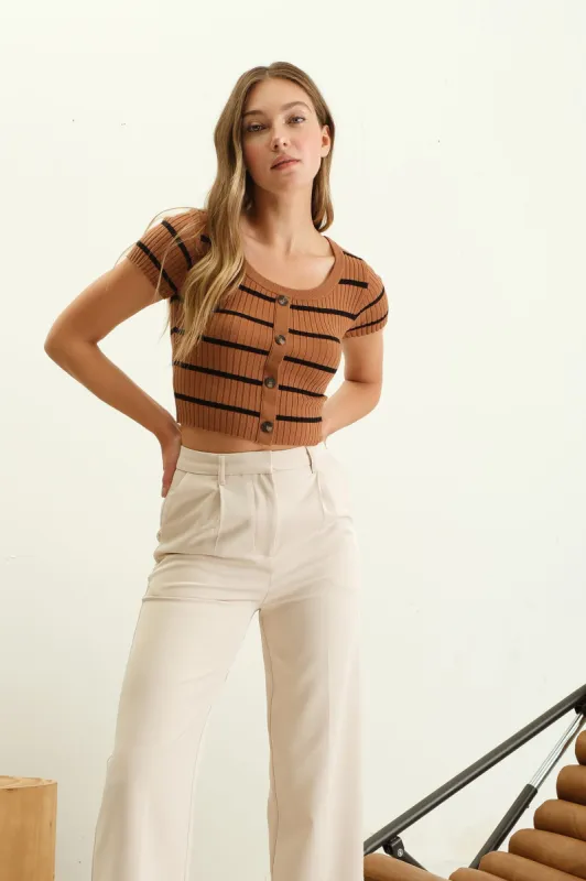 STRIPE SHORT SLEEVE BUTTON DOWN KNIT CROP TOP sold by Blu Pepper