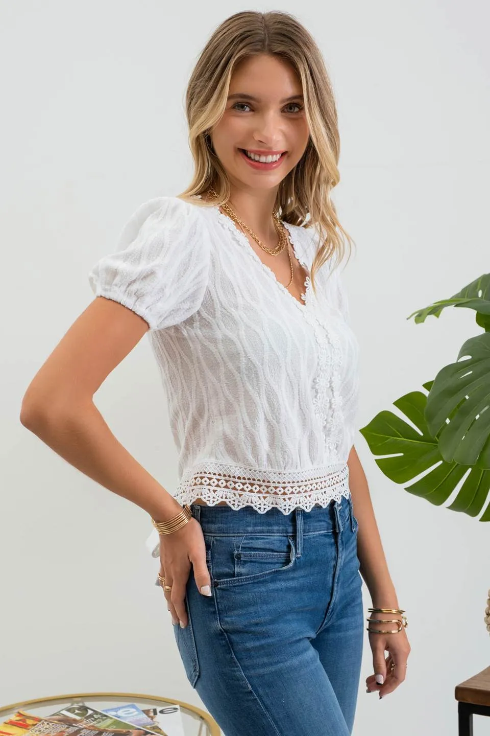FLORAL LACE TRIM BACK TIE V NECK BLOUSE sold by Blu Pepper product image thumbnail 3