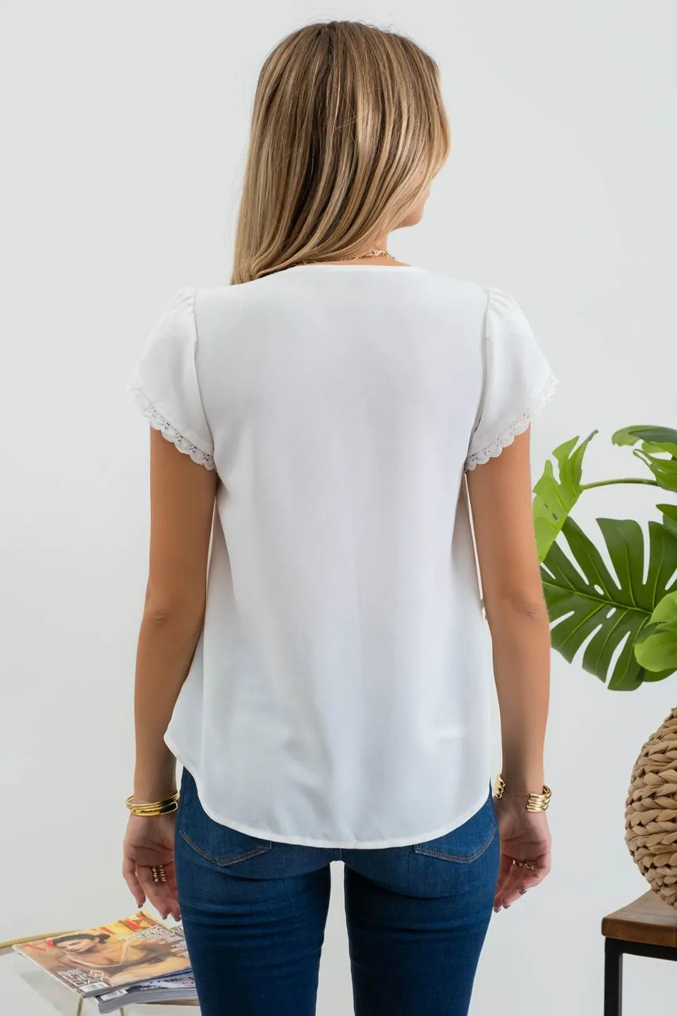 V NECK SCALLOP LACE TRIM TULIP SLEEVE BLOUSE sold by Blu Pepper product image thumbnail 2