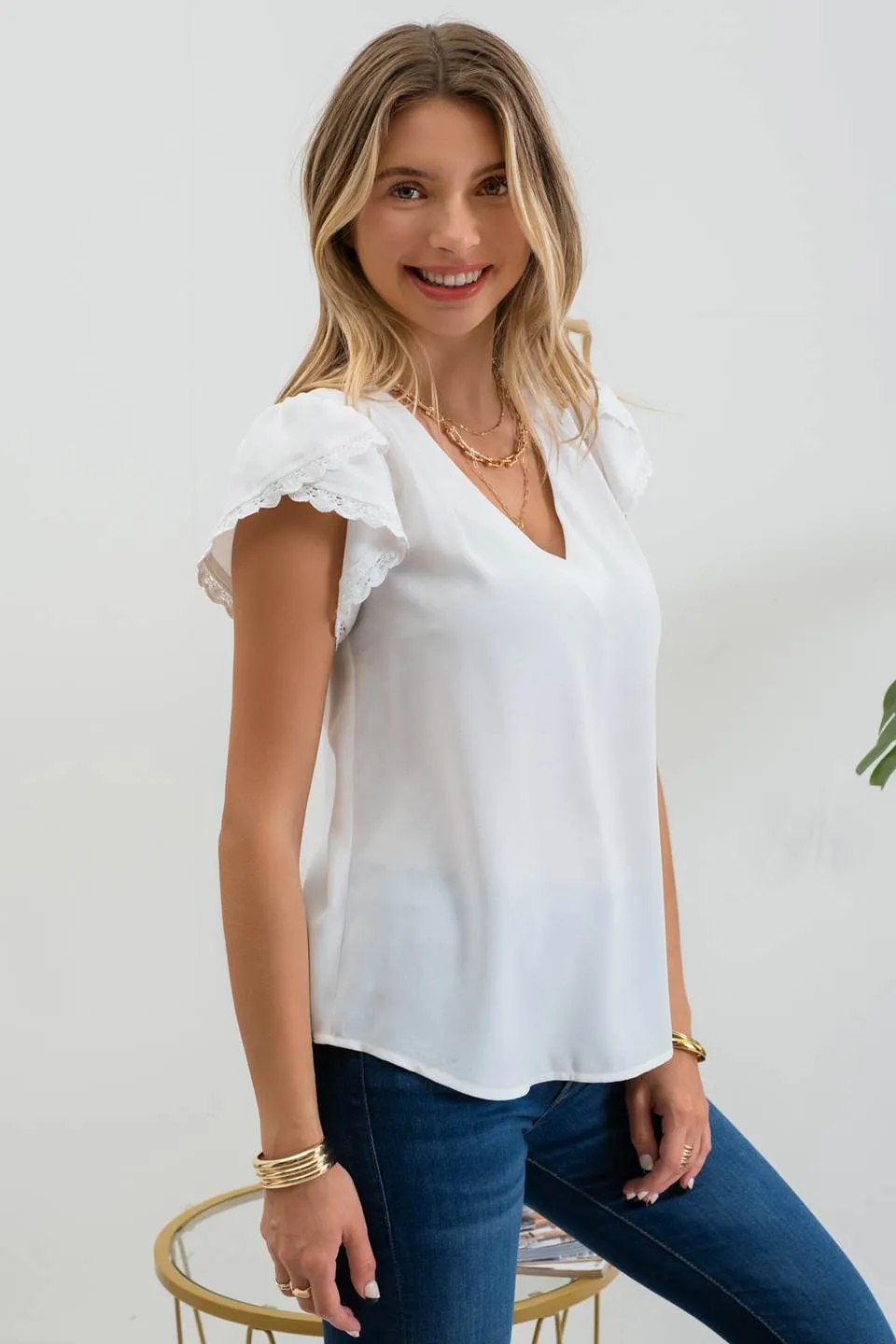 V NECK SCALLOP LACE TRIM TULIP SLEEVE BLOUSE sold by Blu Pepper product image thumbnail 3