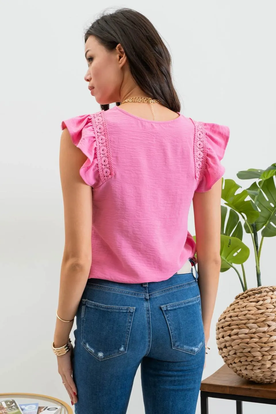 KEYHOLE NECK LACE TRIM BLOUSE sold by Blu Pepper product image thumbnail 2