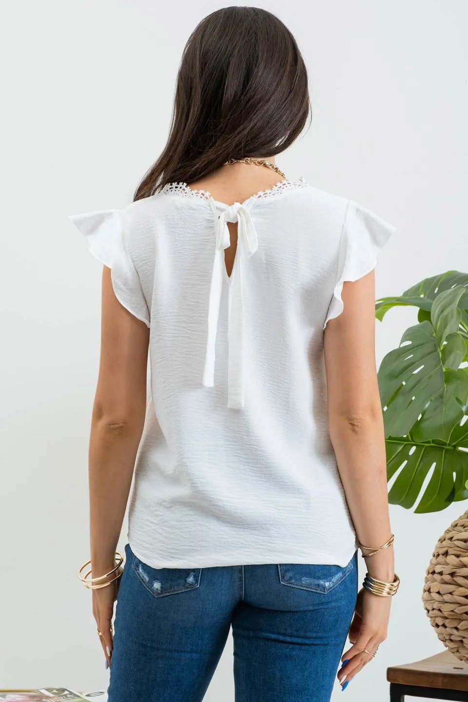 V NECK LACE TRIM BACK TIE BLOUSE sold by Blu Pepper product image thumbnail 2
