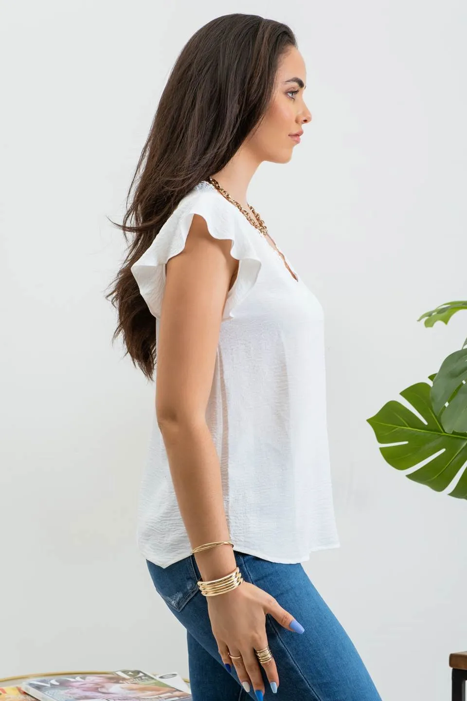 V NECK LACE TRIM BACK TIE BLOUSE sold by Blu Pepper product image thumbnail 3