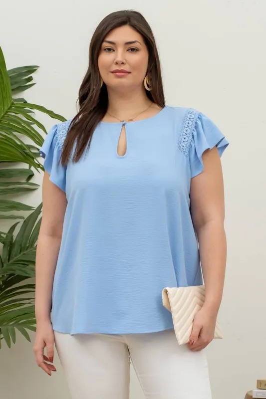 PLUS KEYHOLE NECK LACE TRIM BLOUSE sold by Blu Pepper