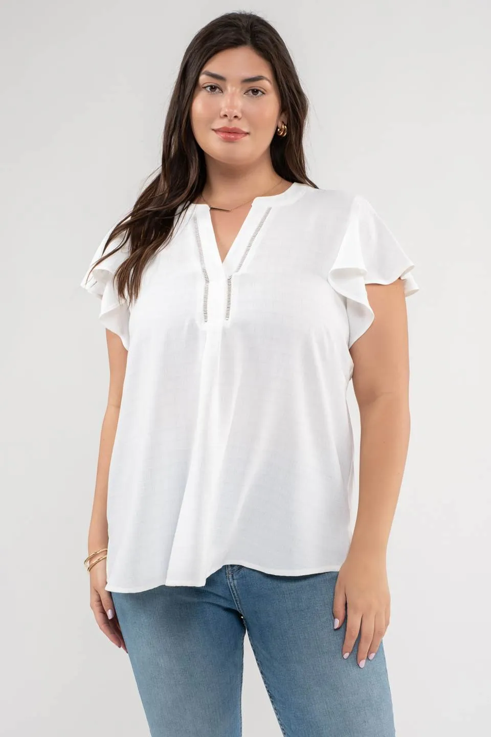 PLUS GRID PRINT SPLIT NECK LADDER LACE TRIM BLOUSE sold by Blu Pepper