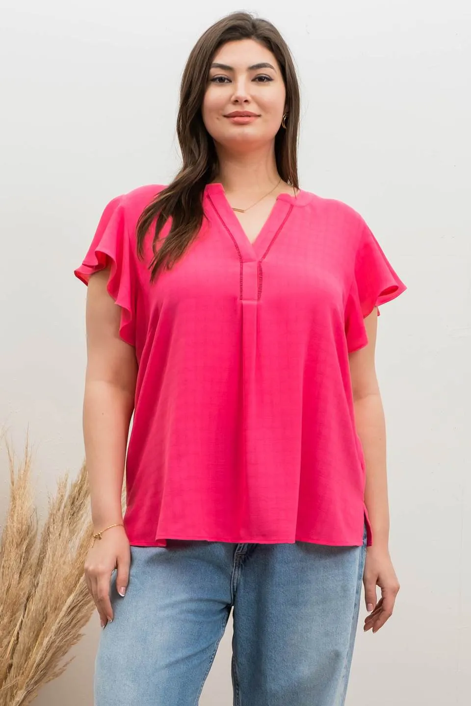 PLUS GRID PRINT SPLIT NECK LADDER LACE TRIM BLOUSE sold by Blu Pepper product image thumbnail 3