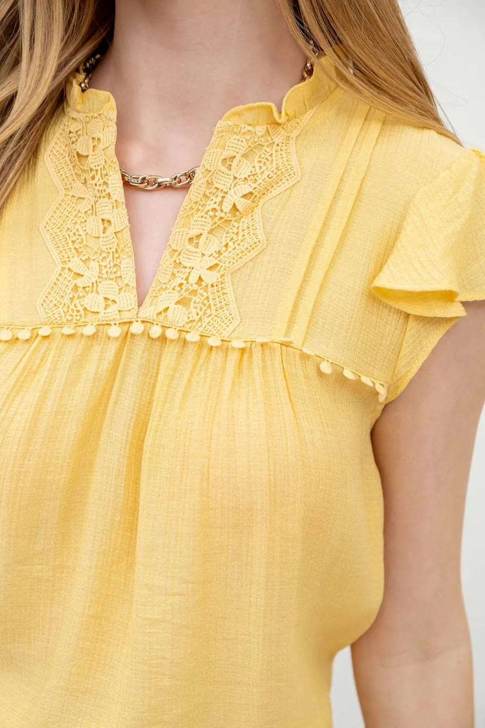 LACE TRIM SPLIT NECK RUFFLE SLEEVE BLOUSE sold by Blu Pepper product image thumbnail 4