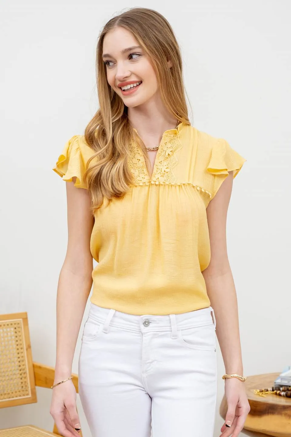 LACE TRIM SPLIT NECK RUFFLE SLEEVE BLOUSE sold by Blu Pepper product image thumbnail 5