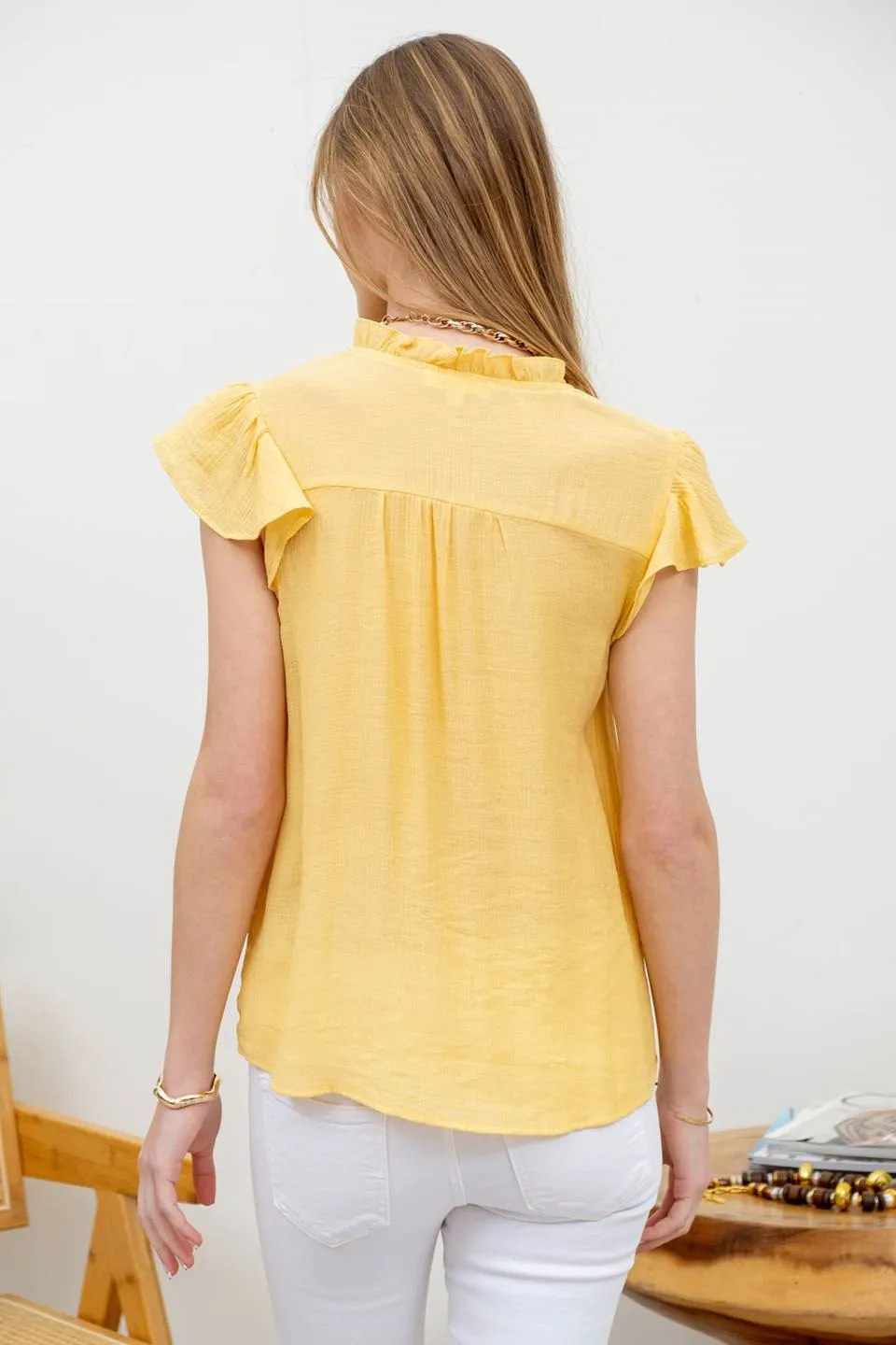 LACE TRIM SPLIT NECK RUFFLE SLEEVE BLOUSE sold by Blu Pepper product image thumbnail 2