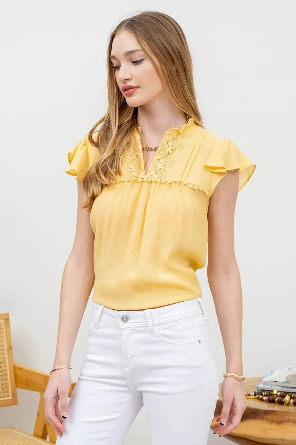 LACE TRIM SPLIT NECK RUFFLE SLEEVE BLOUSE sold by Blu Pepper product image thumbnail 3