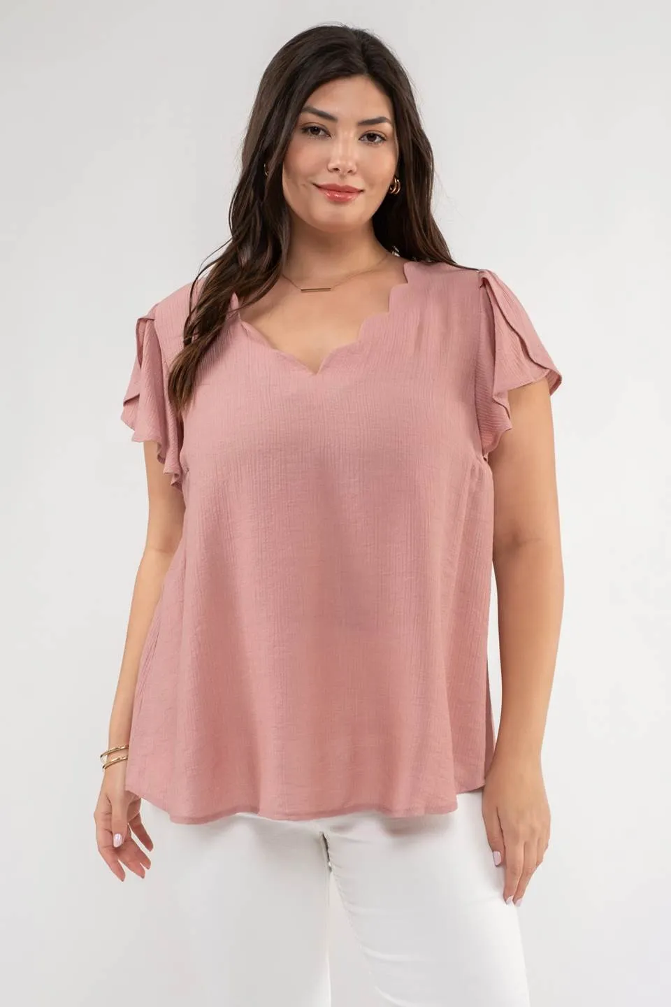 PLUS V NECK SCALLOP TRIM TULIP SLEEVE BLOUSE sold by Blu Pepper product image thumbnail 3