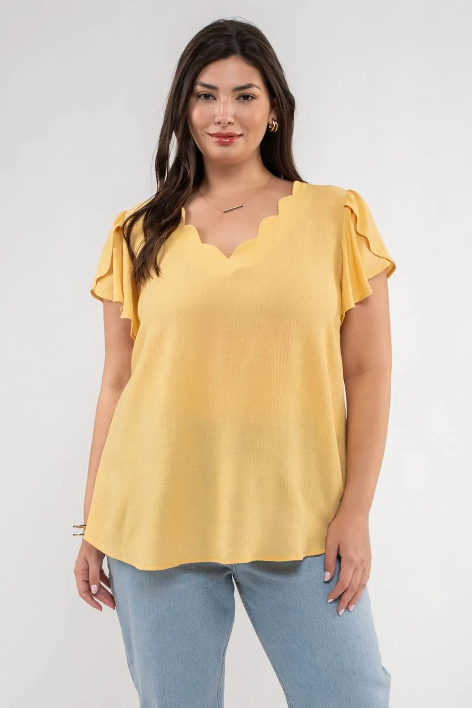 PLUS V NECK SCALLOP TRIM TULIP SLEEVE BLOUSE sold by Blu Pepper product image thumbnail 5