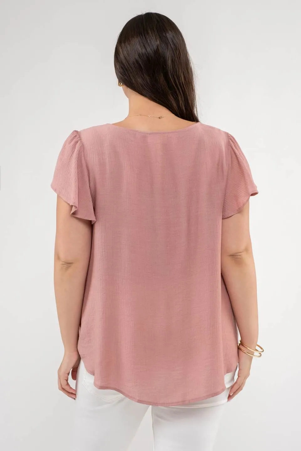 PLUS V NECK SCALLOP TRIM TULIP SLEEVE BLOUSE sold by Blu Pepper product image thumbnail 4