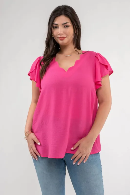 PLUS V NECK SCALLOP TRIM TULIP SLEEVE BLOUSE sold by Blu Pepper