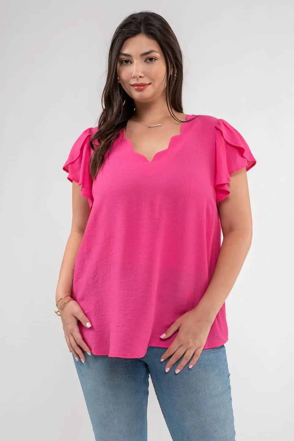 PLUS V NECK SCALLOP TRIM TULIP SLEEVE BLOUSE sold by Blu Pepper