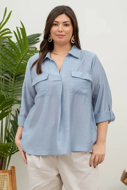 PLUS COLLARED SPLIT NECK 3/4 TAB SLEEVE TOP sold by Blu Pepper