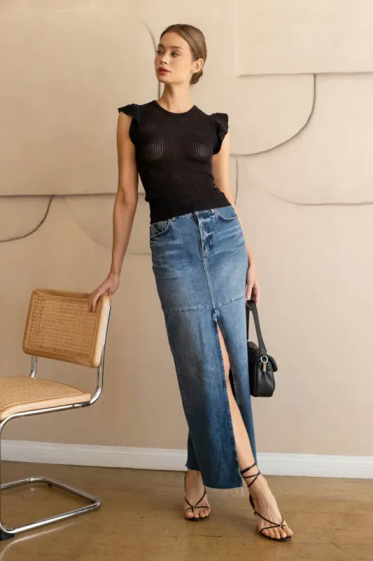 RUFFLE SLEEVE CROCHET KNIT TOP sold by Blu Pepper