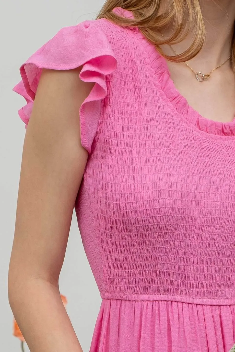 SCOOP RUFFLE NECK SMOCKED MAXI DRESS sold by Blu Pepper product image thumbnail 4