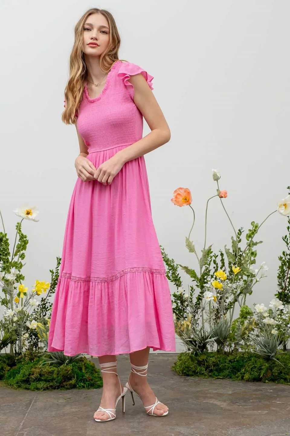 SCOOP RUFFLE NECK SMOCKED MAXI DRESS sold by Blu Pepper product image thumbnail 5