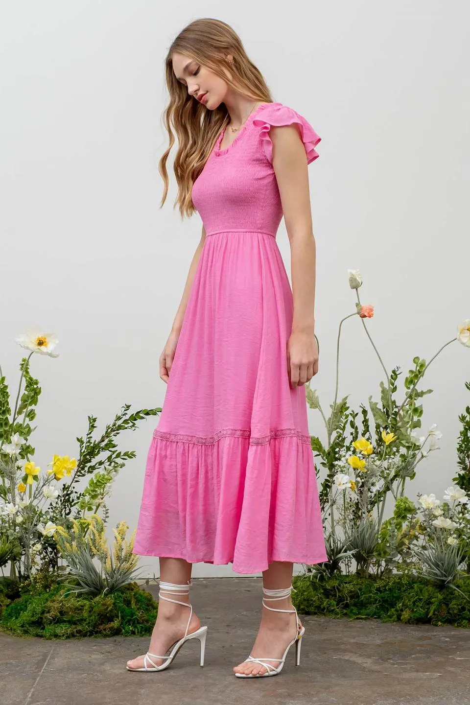 SCOOP RUFFLE NECK SMOCKED MAXI DRESS sold by Blu Pepper product image thumbnail 3