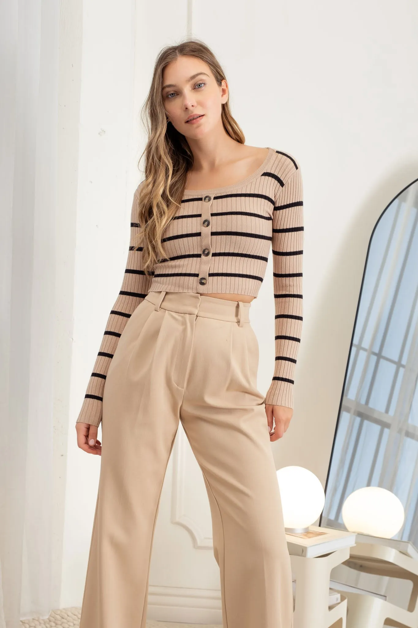 STRIPE SWEATER BUTTON DOWN KNIT CROP TOP sold by Blu Pepper