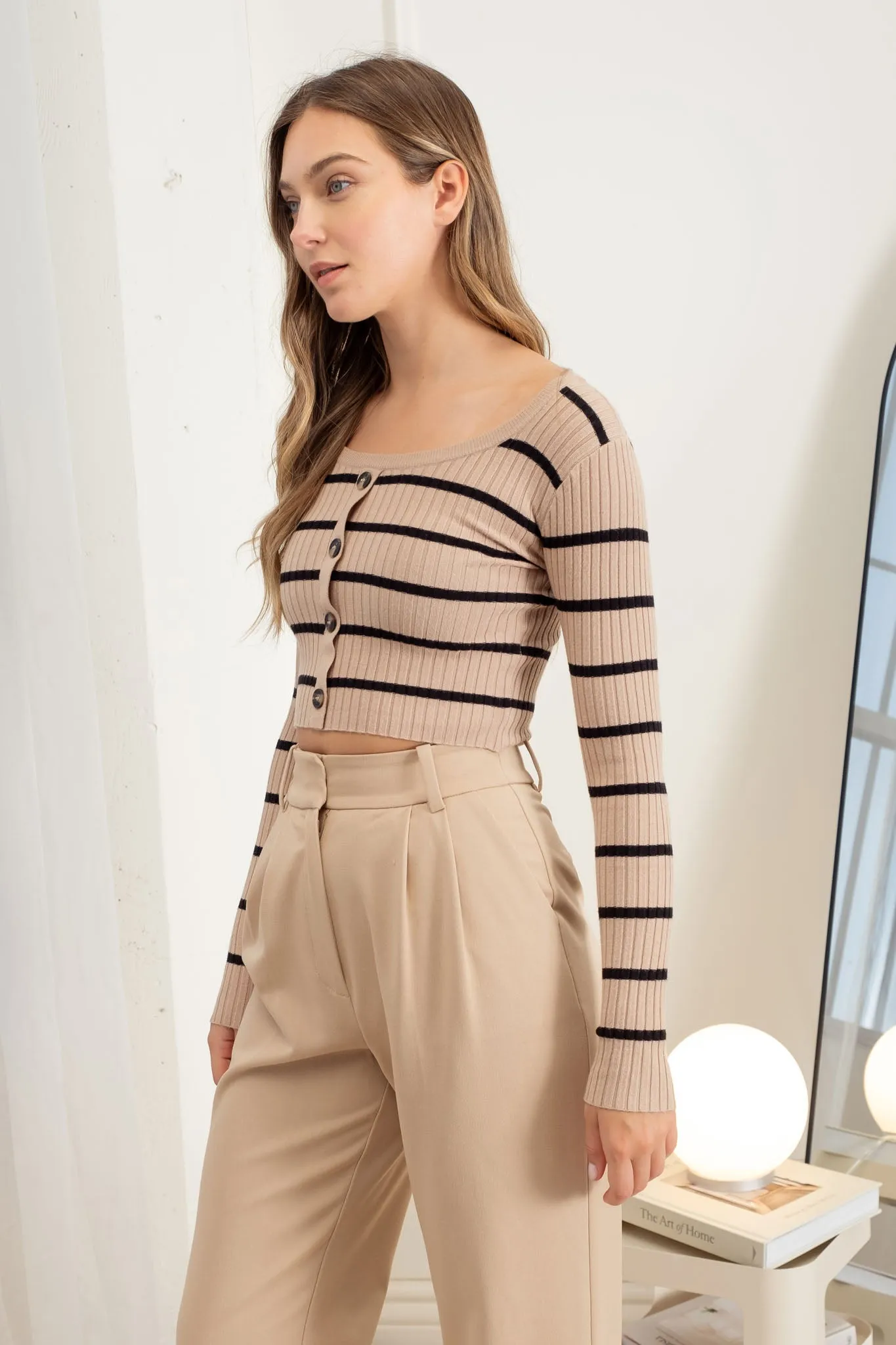 STRIPE SWEATER BUTTON DOWN KNIT CROP TOP sold by Blu Pepper product image thumbnail 2