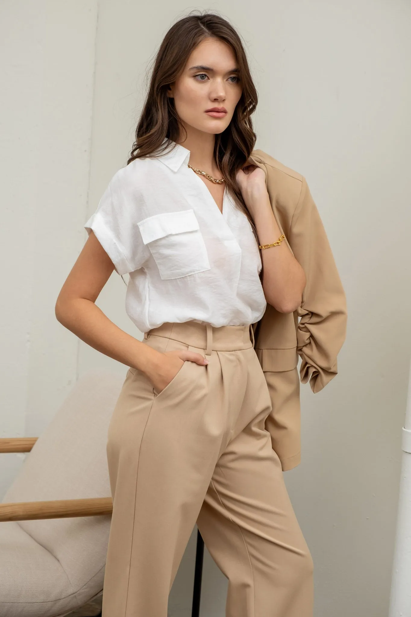 COLLARED SPLIT NECK SHORT SLEEVE SHIRT TOP sold by Blu Pepper product image thumbnail 4