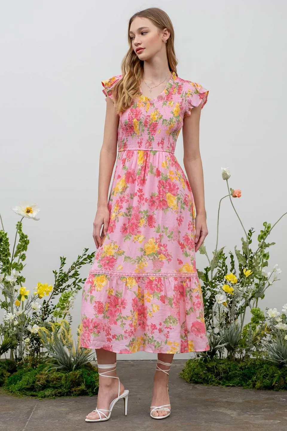 FLORAL SCOOP NECK SMOCKED MAXI DRESS sold by Blu Pepper product image thumbnail 5