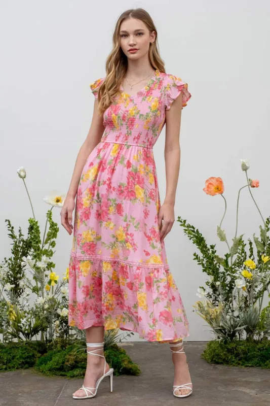 FLORAL SCOOP NECK SMOCKED MAXI DRESS sold by Blu Pepper