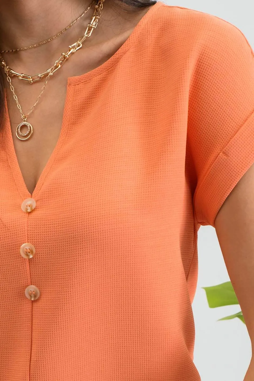 BUTTON FRONT SPLIT NECK SHORT CUFFED SLEEVE BLOUSE sold by Blu Pepper product image thumbnail 4