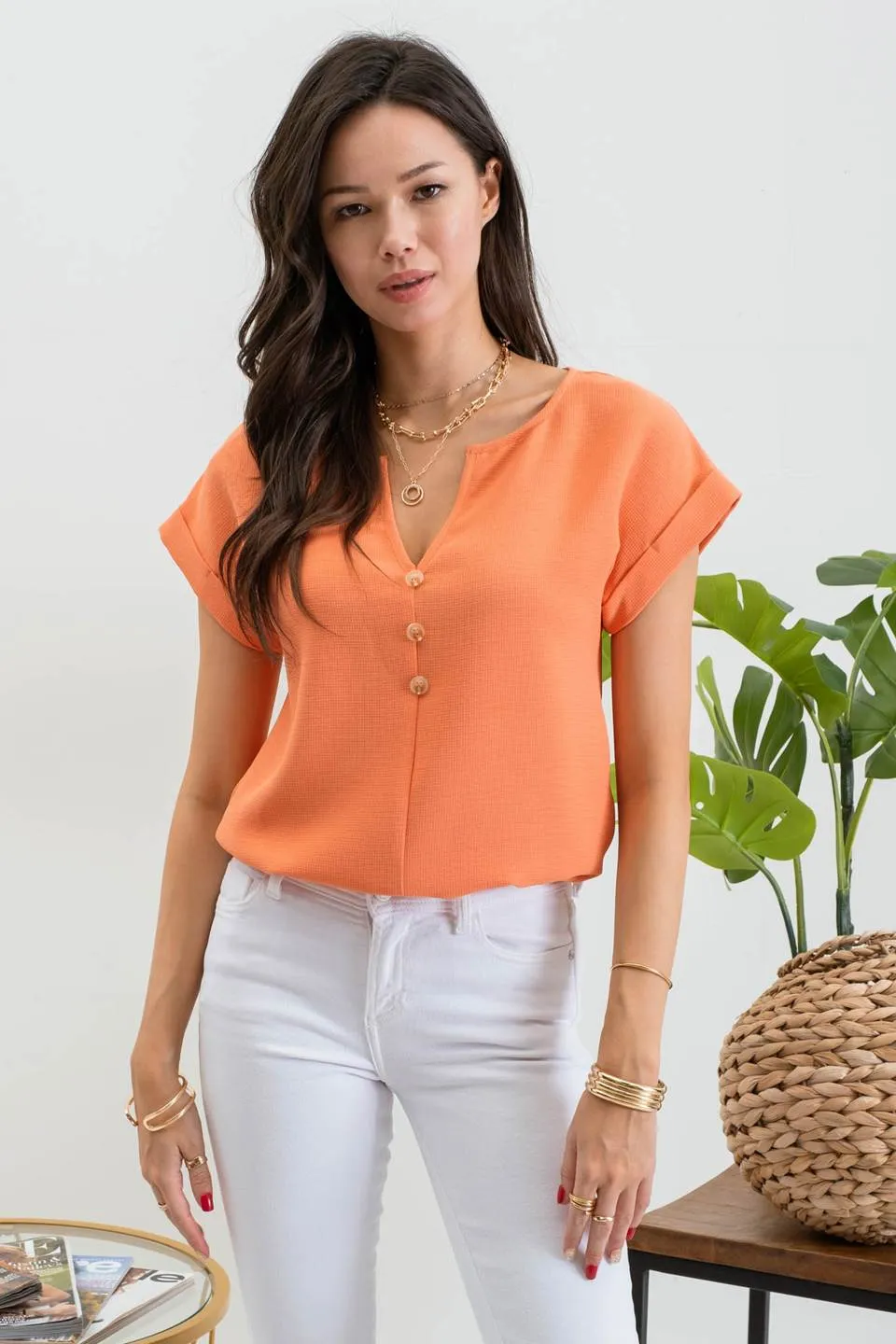 BUTTON FRONT SPLIT NECK SHORT CUFFED SLEEVE BLOUSE sold by Blu Pepper product image thumbnail 5