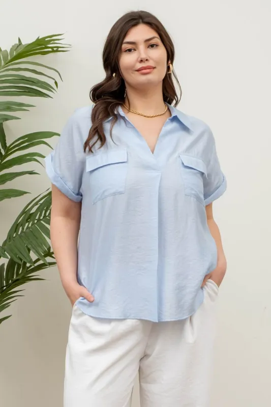 PLUS COLLARED SPLIT NECK SHORT SLEEVE SHIRT TOP sold by Blu Pepper