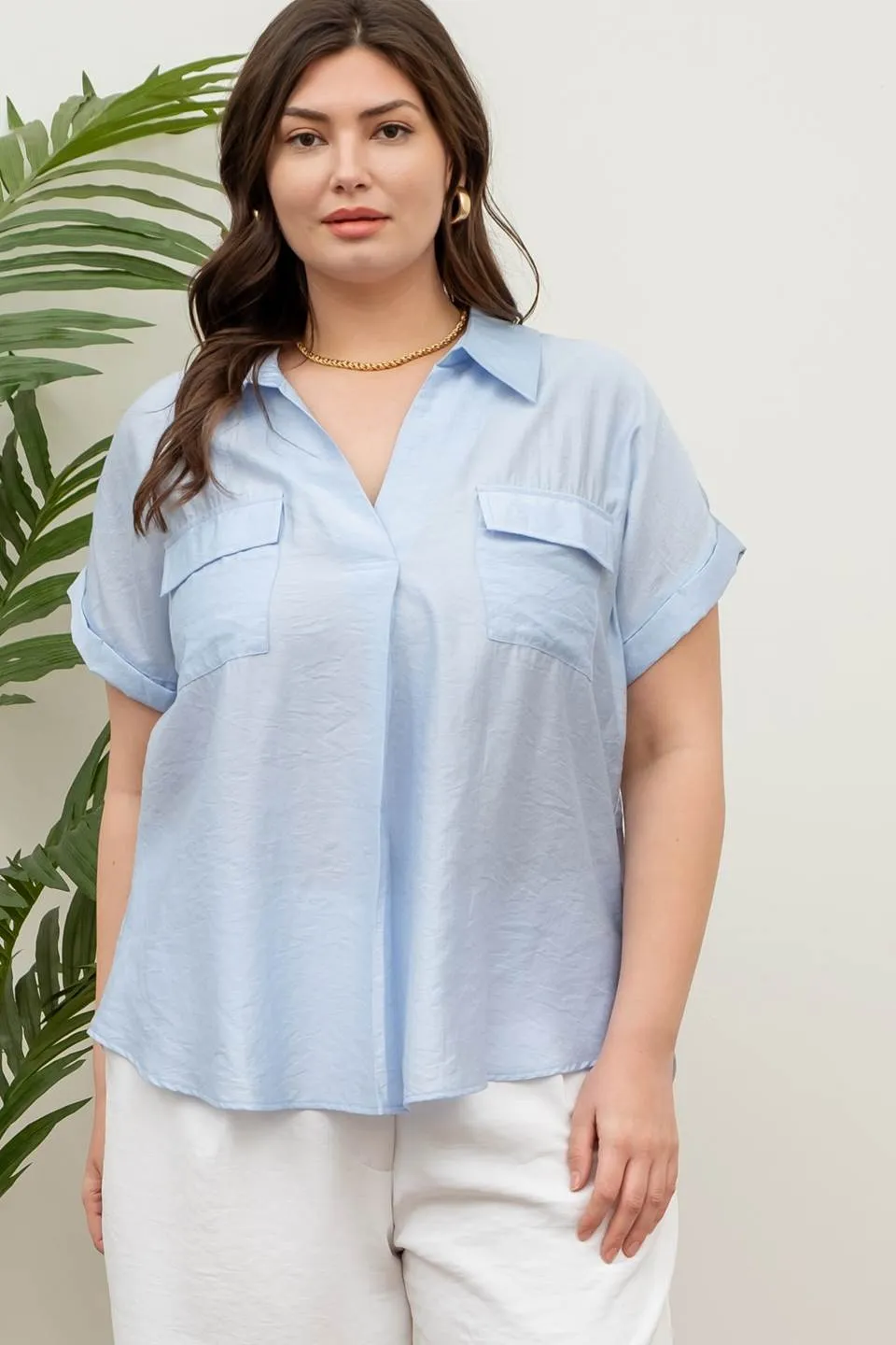 PLUS COLLARED SPLIT NECK SHORT SLEEVE SHIRT TOP sold by Blu Pepper product image thumbnail 3