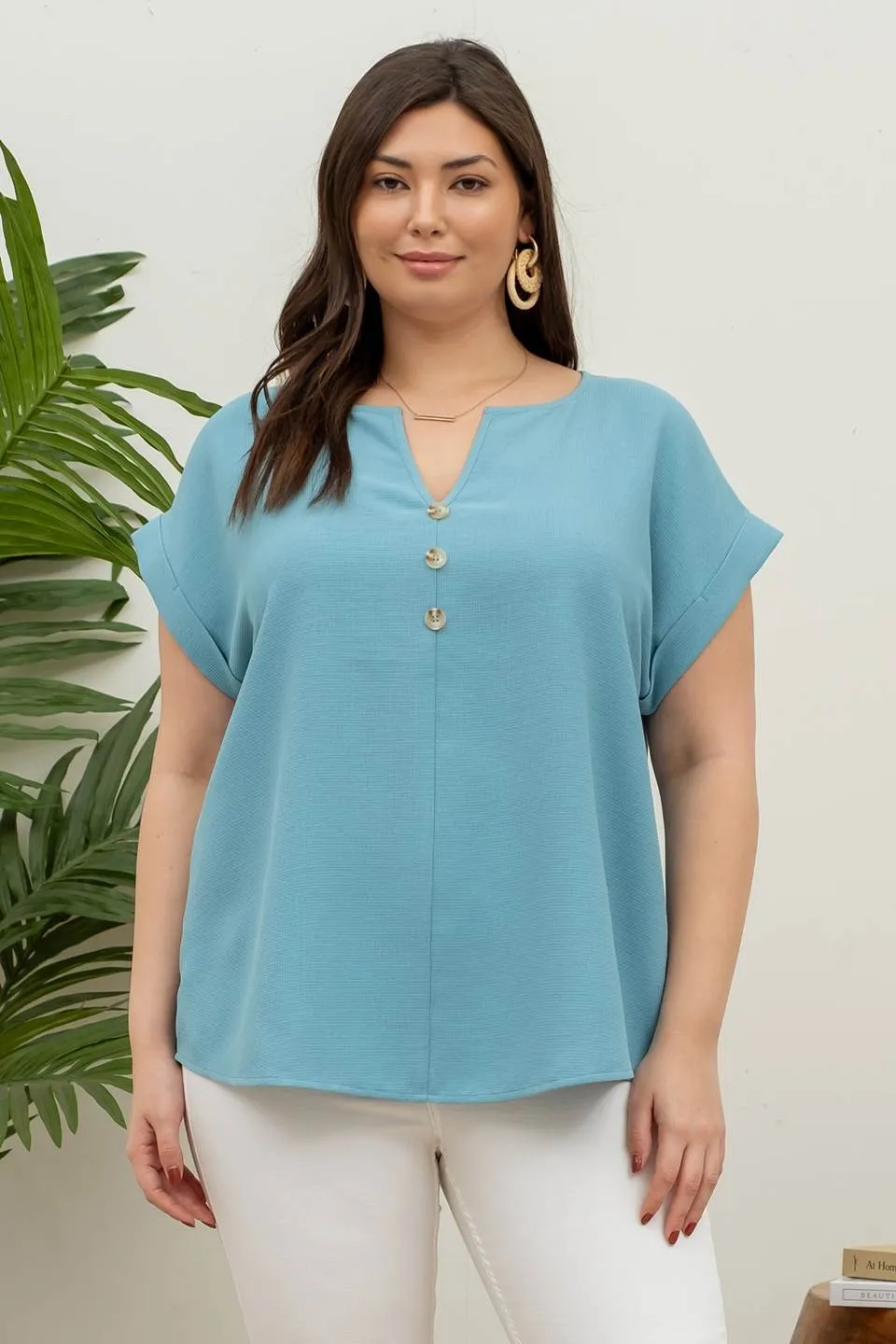 PLUS BUTTON FRONT SPLIT NECK CUFFED SLEEVE BLOUSE sold by Blu Pepper product image thumbnail 5