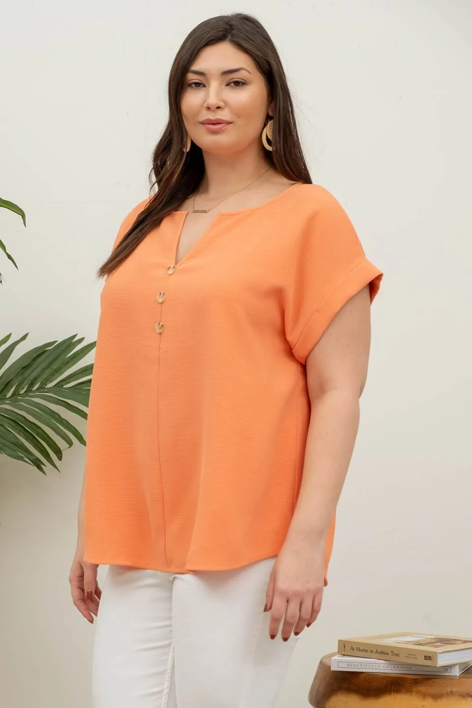 PLUS BUTTON FRONT SPLIT NECK CUFFED SLEEVE BLOUSE sold by Blu Pepper product image thumbnail 3