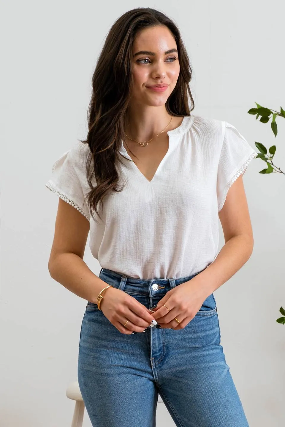 SPLIT NECK PETAL TASSEL SLEEVE BLOUSE sold by Blu Pepper product image thumbnail 3