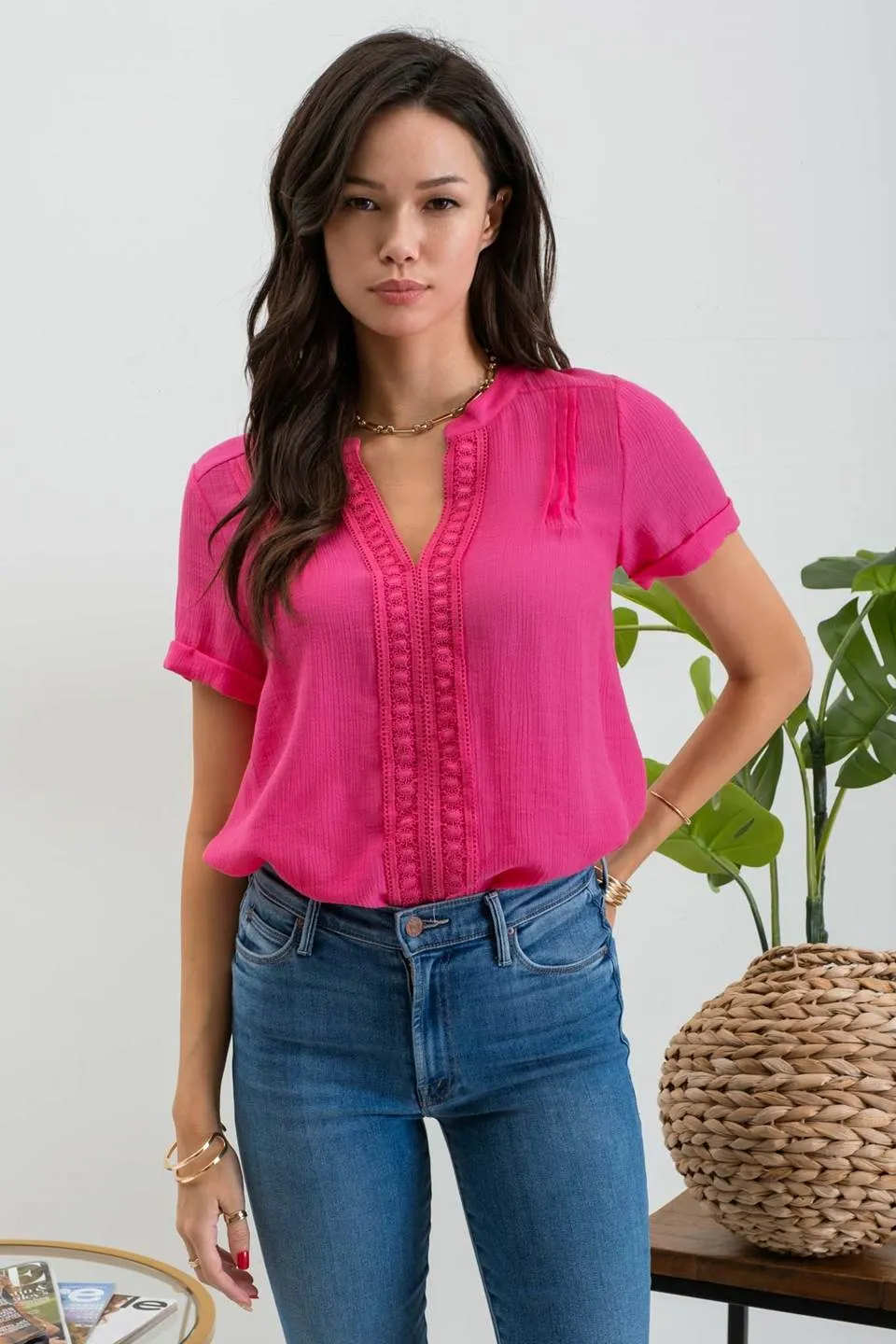 SPLIT NECK FRONT LINE LACE BLOUSE sold by Blu Pepper product image thumbnail 5
