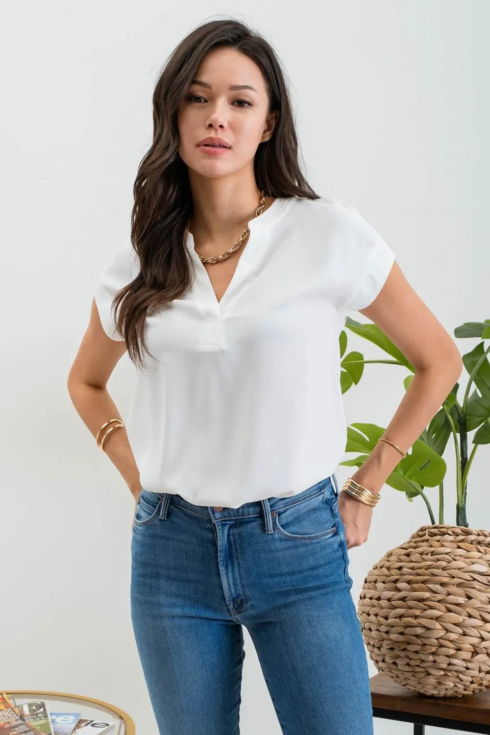 SPLIT NECK EXTENDED SHOULDER BLOUSE sold by Blu Pepper product image thumbnail 5