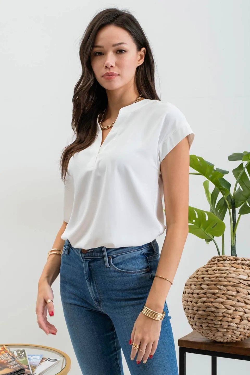 SPLIT NECK EXTENDED SHOULDER BLOUSE sold by Blu Pepper product image thumbnail 3