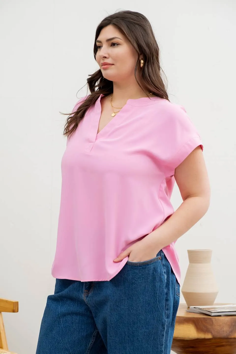 PLUS SPLIT NECK EXTENDED SHOULDER BLOUSE sold by Blu Pepper product image thumbnail 3