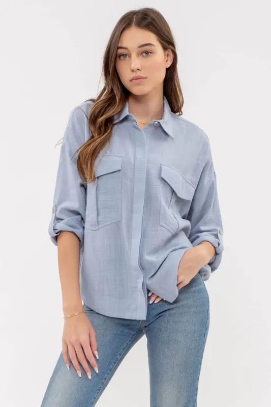 LIGHTWEIGHT COLLARED BUTTON DOWN 3/4 SLEEVE SHIRT sold by Blu Pepper