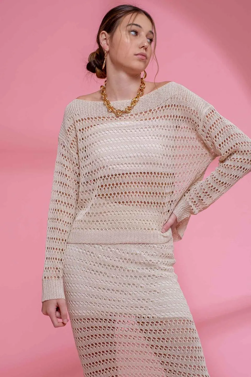 SHEER CROCHET BOAT NECK PULLOVER sold by Blu Pepper