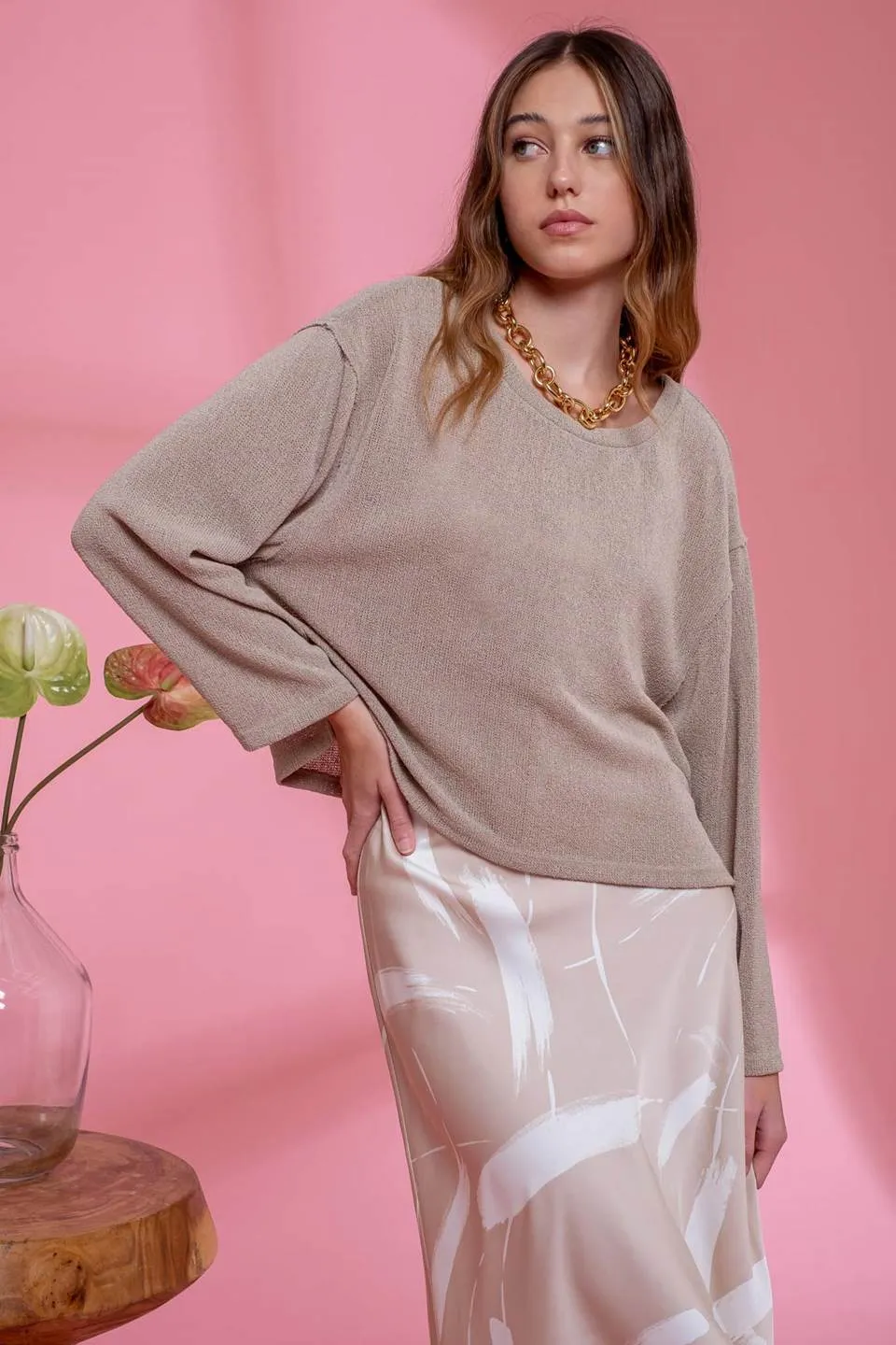 SOLID RELAXED RAW EDGE KNIT TOP sold by Blu Pepper product image thumbnail 3