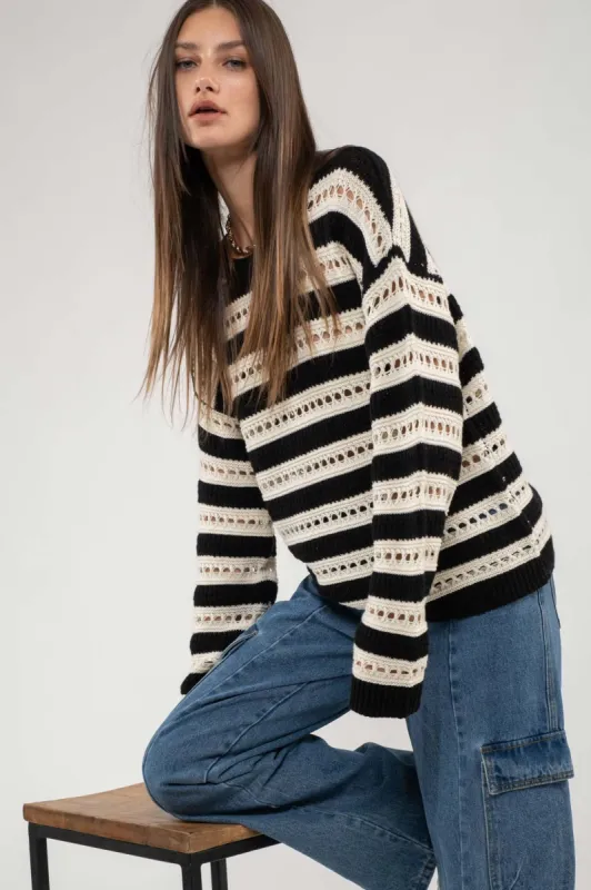STRIPED EYELET KNIT PULLOVER SWEATER made by Blu Pepper