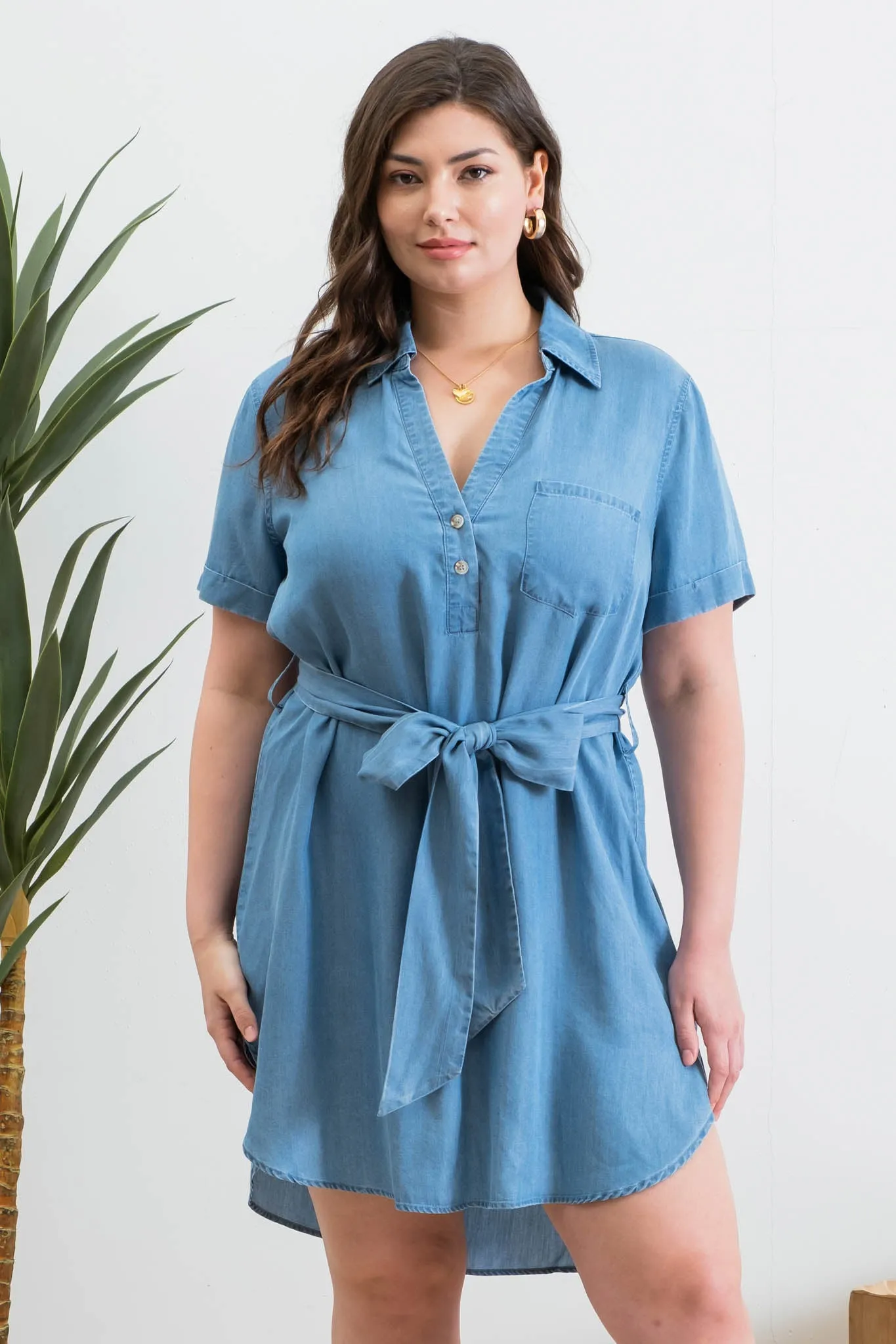 PLUS CHAMBRAY MINI SHIRT DRESS sold by Blu Pepper